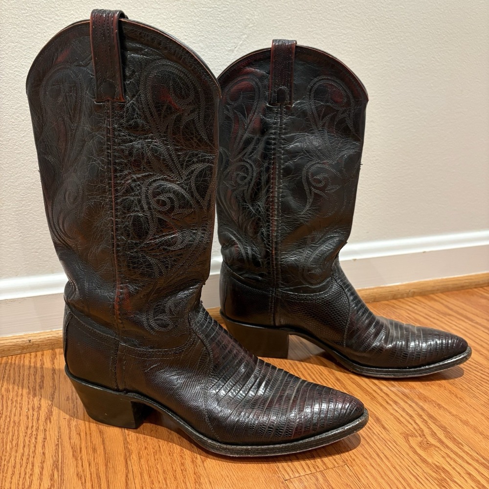 Dan Post Exotic Teju Lizard Skin Western Boots Men's Sz 10 Black Cherry Vtg